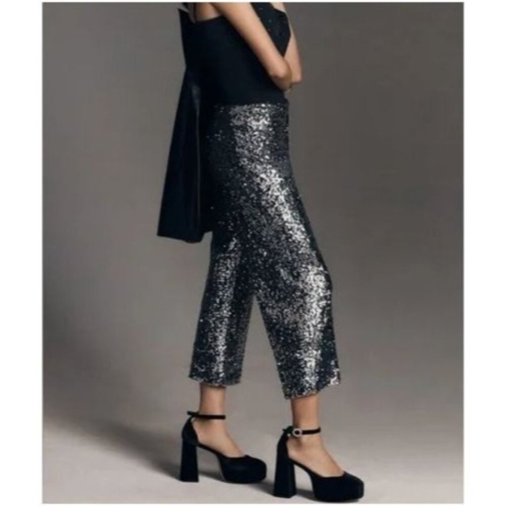Anthropologie Black and Silver Sequin Cropped Pants